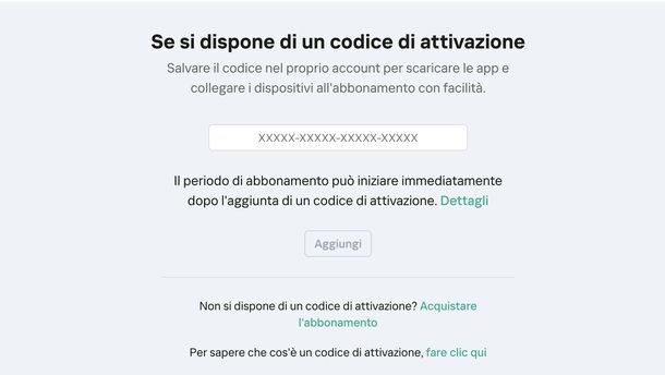 Inserire codice di attivazione abbonamento Kaspersky