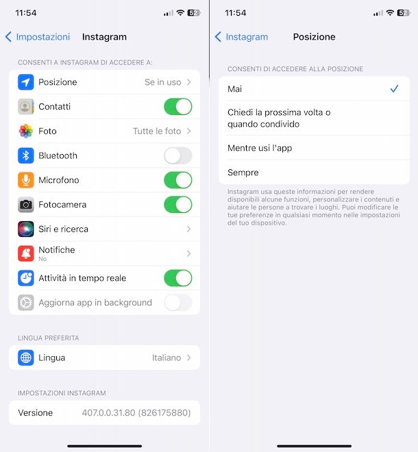 Disattivare posizione Instagram su iPhone