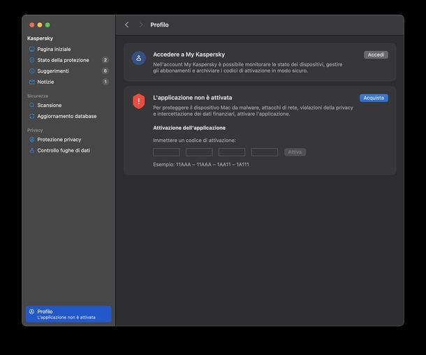 Cambiare account Kaspersky macOS
