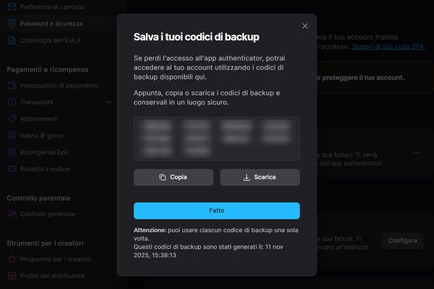 Codici di backup per accedere in caso di impossibilità a usare l'app