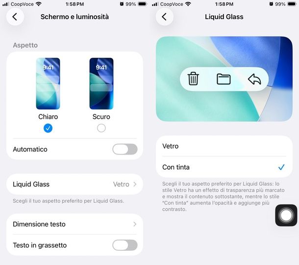 togliere trasparenza Liquid Glass iOS 26