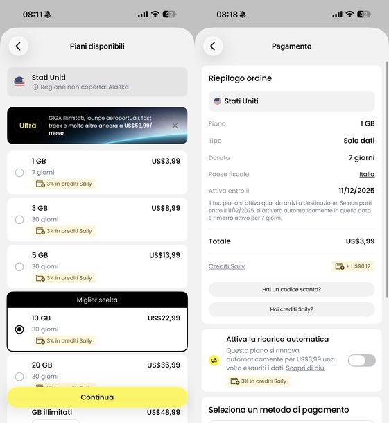 Acquistare piano dati app Saily