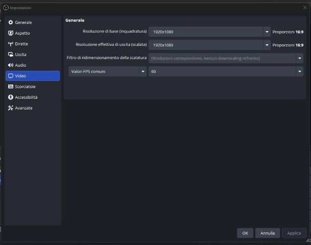 Impostazioni OBS