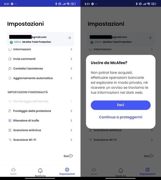 Cambiare account app McAfee Android