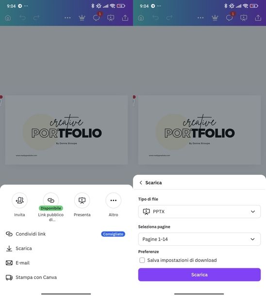 Salvare presentazione Canva in PowerPoint Android