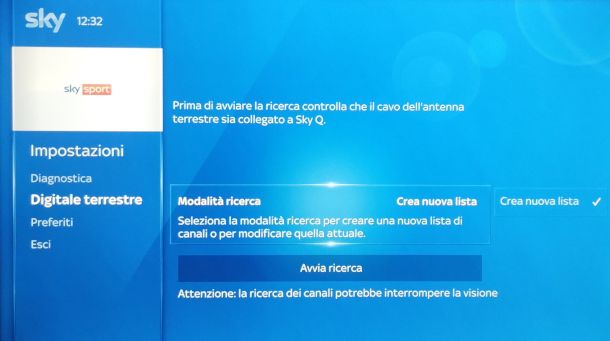 scansione canali DTT su Sky Q