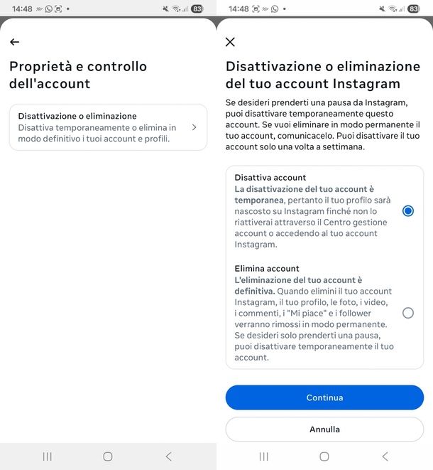 Disattivare account Instagram Android