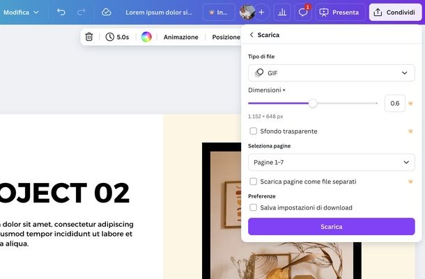 Salvare presentazione Canva come GIF