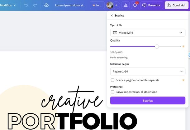 Salvare presentazione Canva in video MP