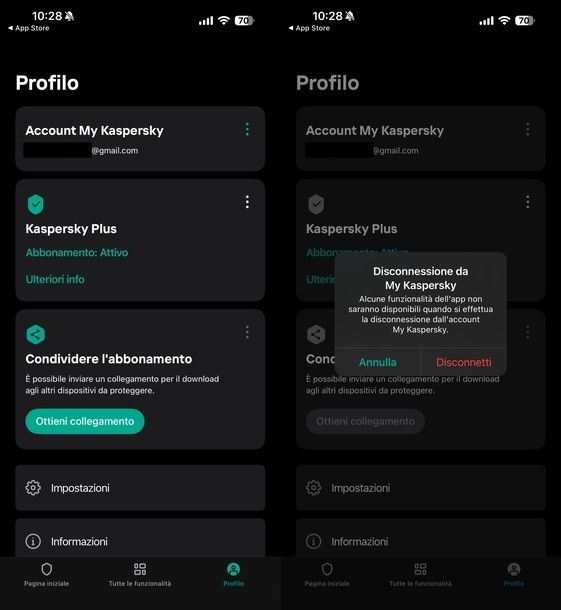Cambiare account app Kaspersky iOS