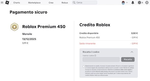 Riscattare carta regalo su Roblox