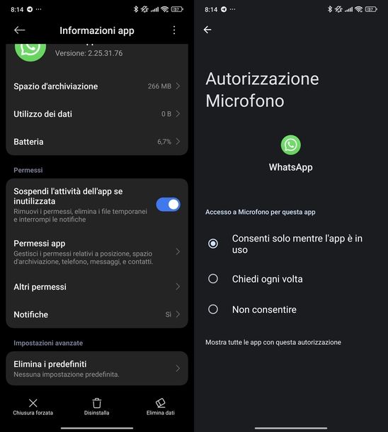 Attivare microfono WhatsApp Android