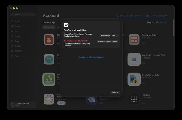 Annullare abbonamento CapCut macOS