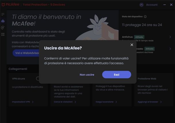 Cambiare account McAfee Windows