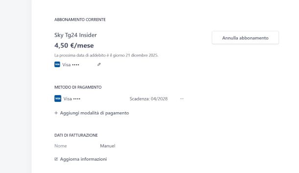 funzione annullamento abbonamento sito Sky TG24 Insider