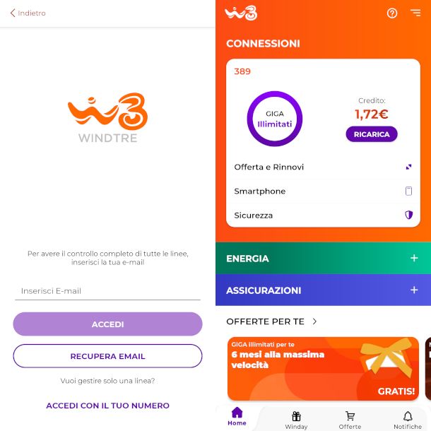 schermate app WINDTRE