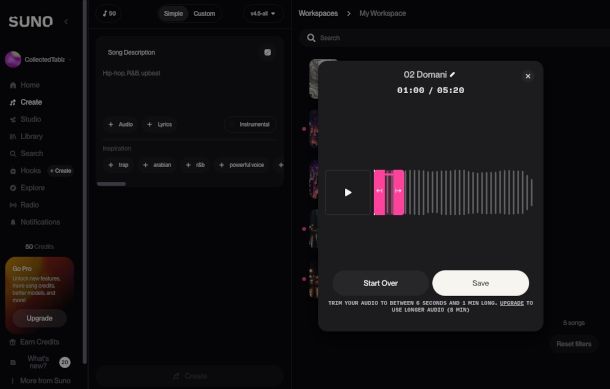 caricamento brano su Suno