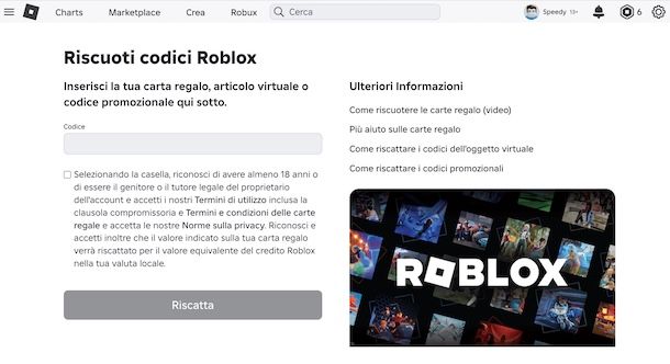 Riscattare una carta regalo su Roblox