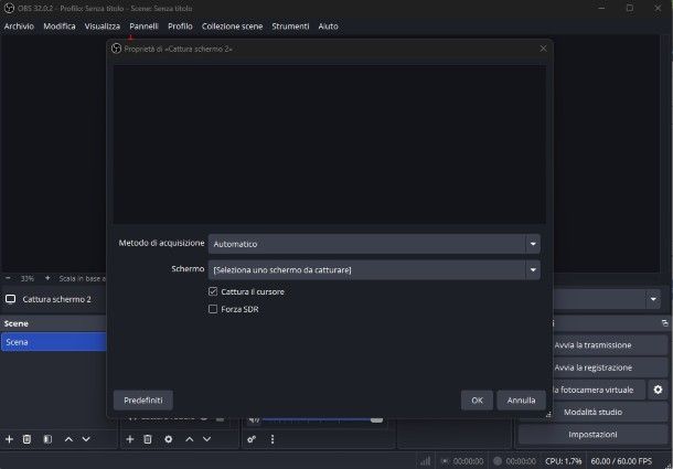 Impostazioni OBS cattura schermo