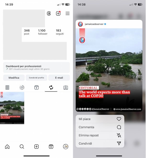 Togliere un repost da Instagram