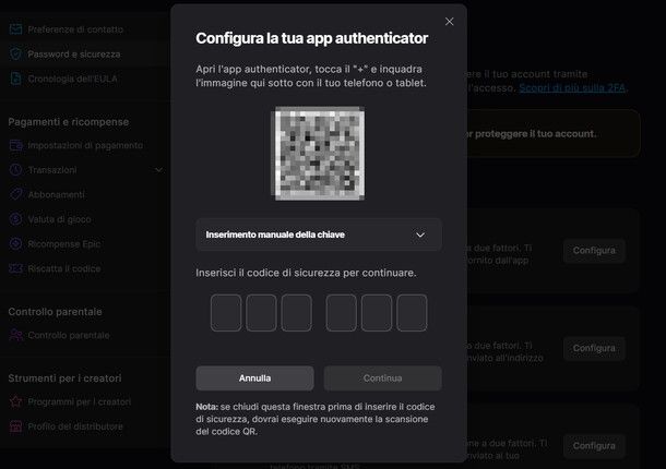 Schermata per associare l'account di Epic Games all'app di autenticazione