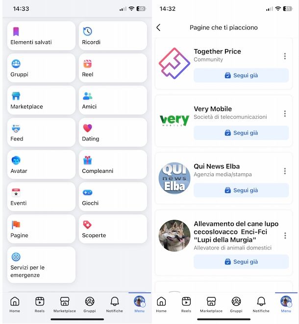 Vedere pagine seguire su Facebook da app