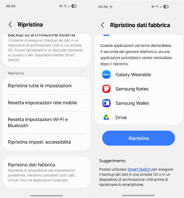 Come eseguire reset Samsung