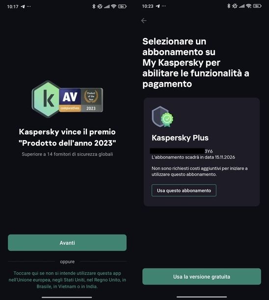 Configurazione app Kaspersky Android