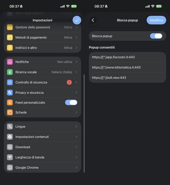 Disattivare pop up Chrome iOS