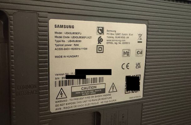 Trovare codice TV Samsung etichetta
