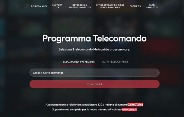 sito programmazione telecomandi Meliconi