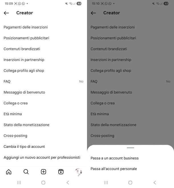 Disattivare account Ceator Instagram