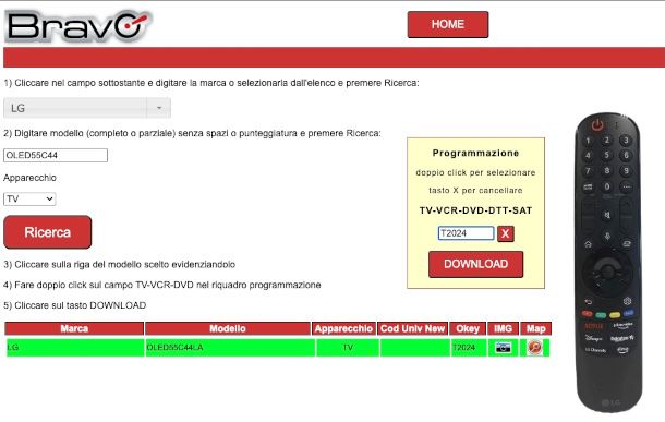 sito Bravo con codici per telecomandi universali