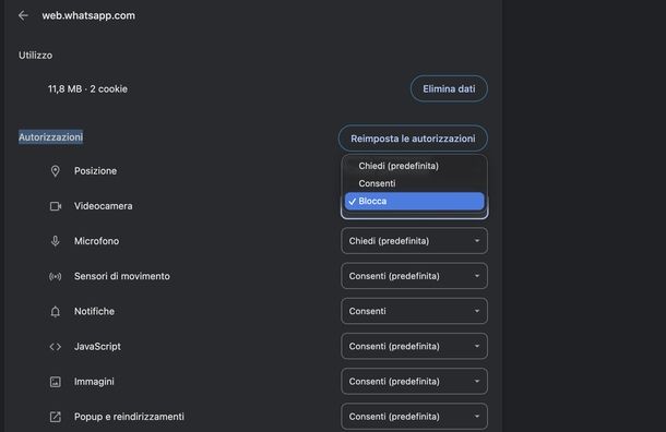 Abilitare accesso fotocamera WhatsApp Web Google Chrome