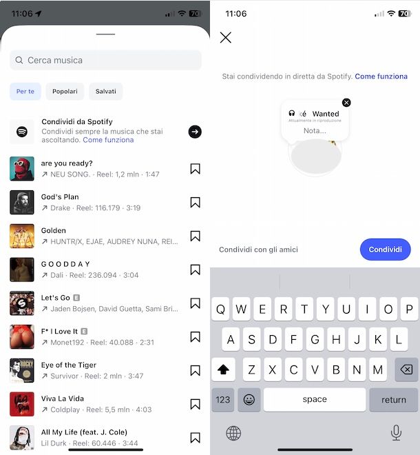 Condividere Spotify nelle note Instagram