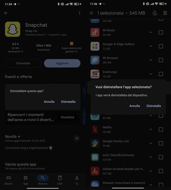 Eliminare app Snapchat Android