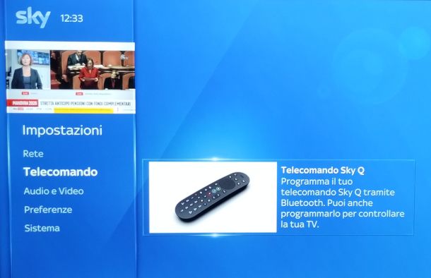 schermata sintonizzazione telecomando Sky