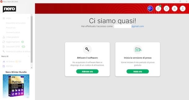 Attivare versione di prova di Nero