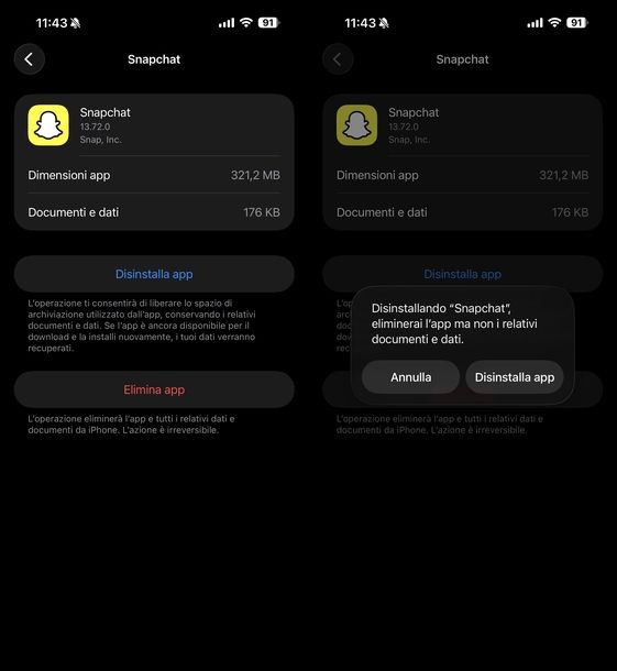 Eliminare app Snapchat iOS
