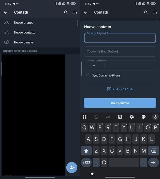 Cercare persona su Telegram aggiungere manualmente numero Android
