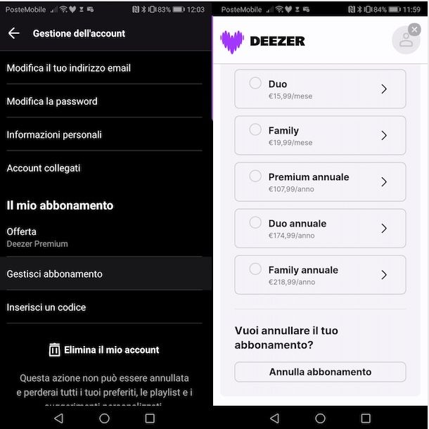 Disattivare Deezer Premium