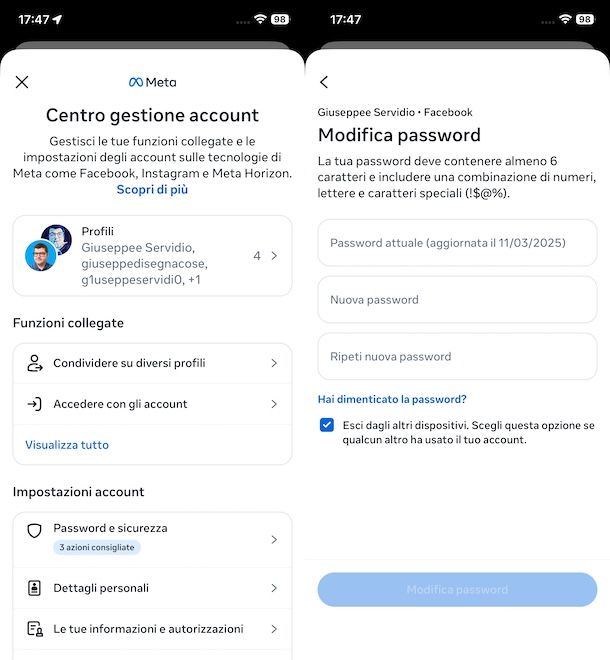 Come modificare password Facebook