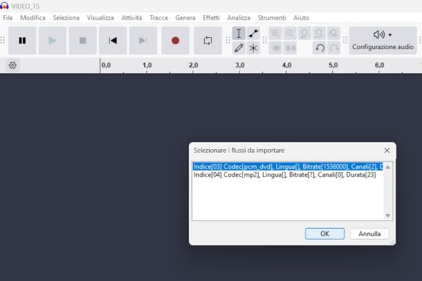 selezione flusso audio DVD su Audacity