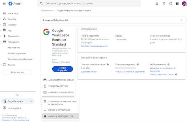 Disattivare abbonamento Google Workspace