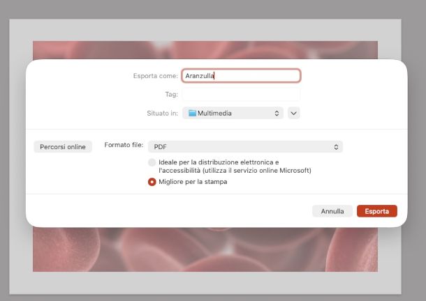finestra esportazione PowerPoint in PDF su Mac