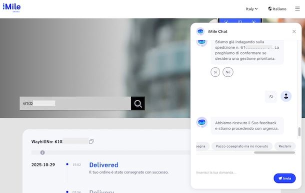 Contattare iMile in chat