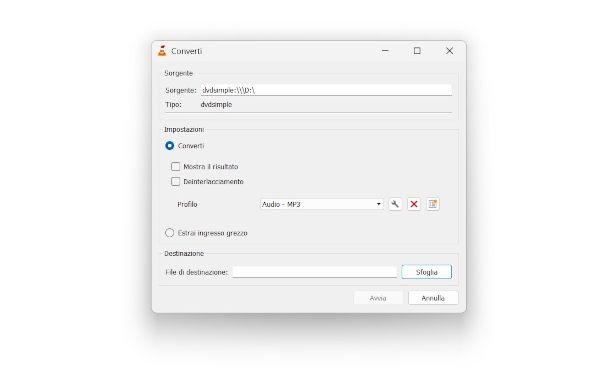 finestra conversione VLC