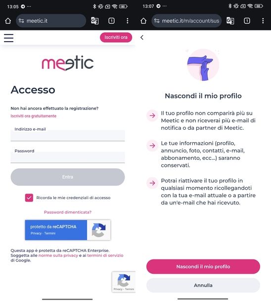 Sospendere account Meetic sito mobile Android