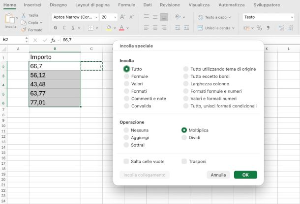 conversione testo Excel in numero con moltiplicazione