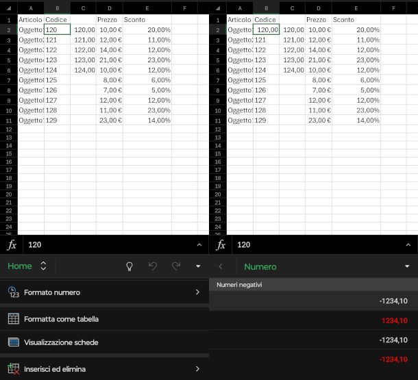 modifica formato da testo a numero su app Excel